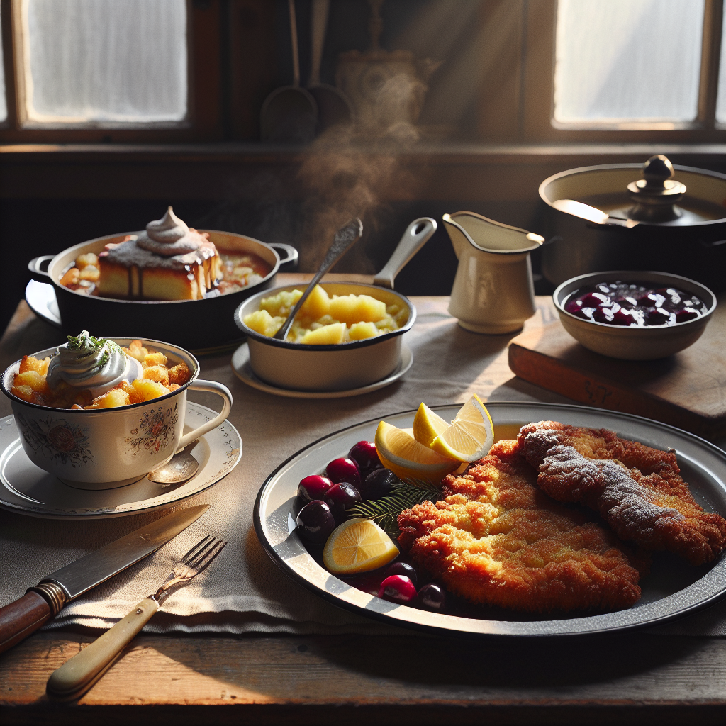 Österreichische Küche zuhause: Wiener Schnitzel, Kaiserschmarrn und Sachertorte auf rustikalem Holztisch mit Leinenservi